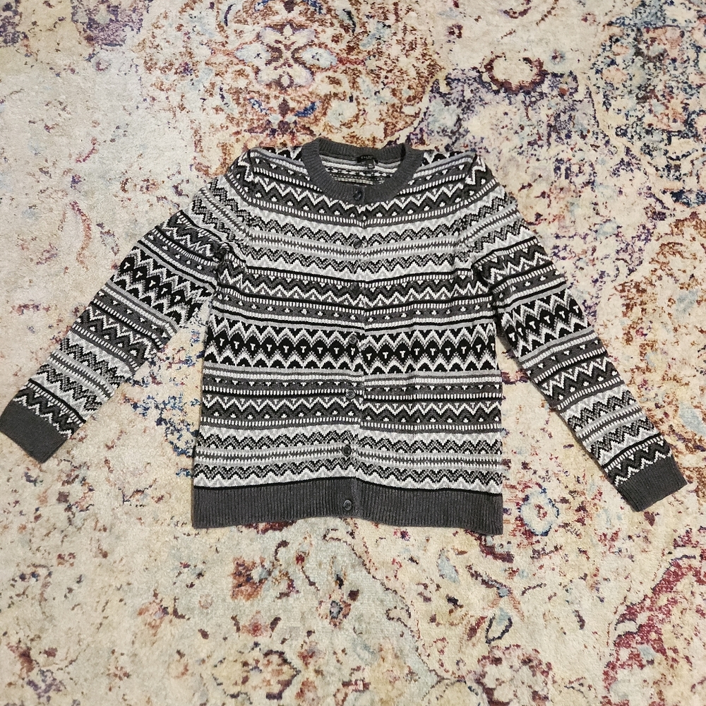 Talbots Fair Isle Beaded Cardigan Sweater Lambswool Blend Crew Gray Women's MP